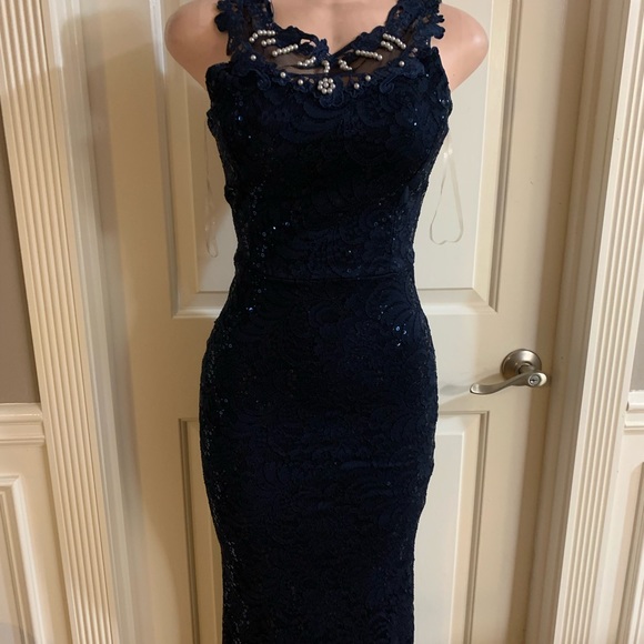 Women junior blue navy lace sequins halter bodycon mermaid maxi dress size (S) - Picture 4 of 13